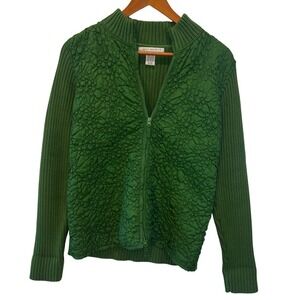 Peter Martin Green Textured Quilted Knit Zip Front Cardigan Jacket Women L